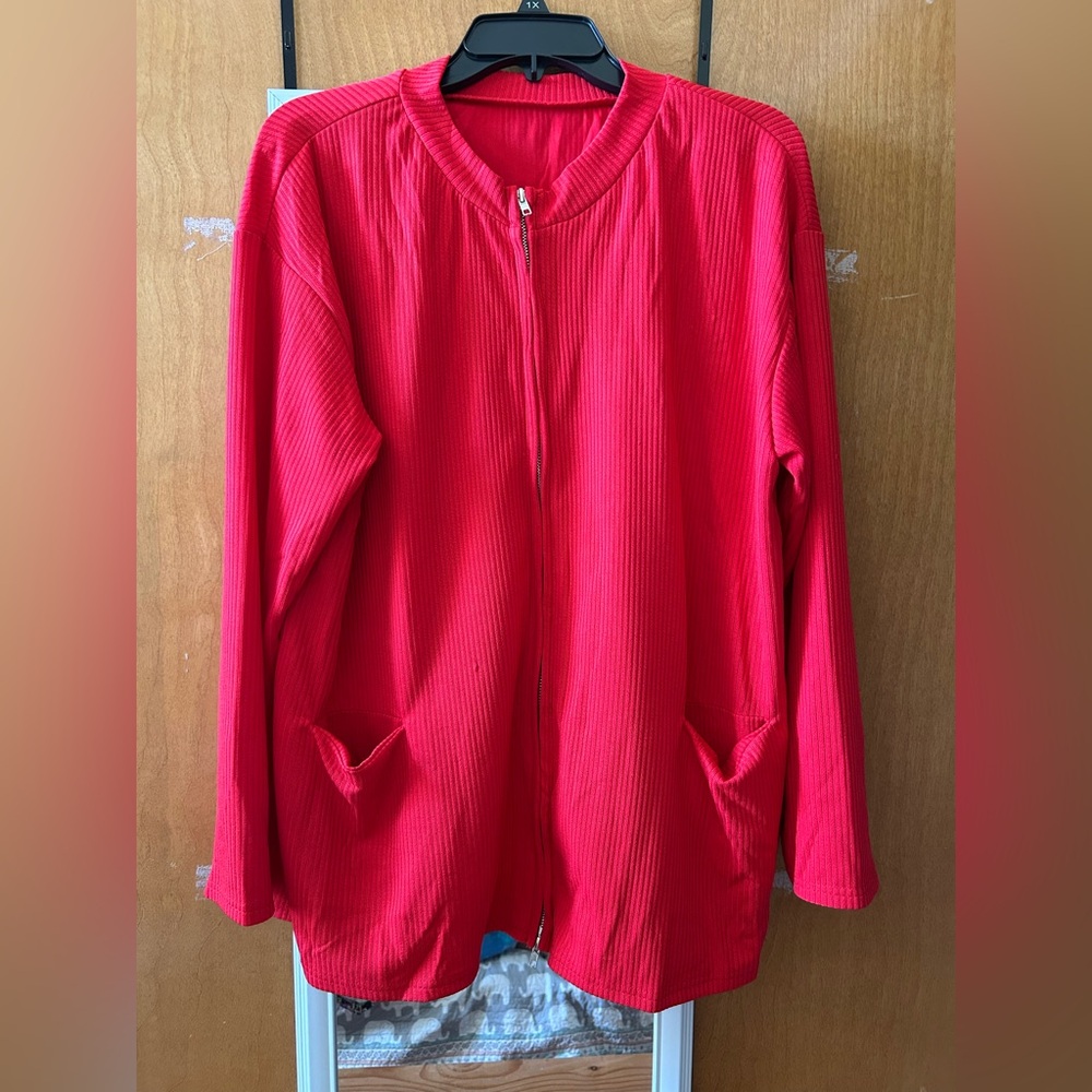 Vibrant Red & Grey Zip-Up Cardigan
